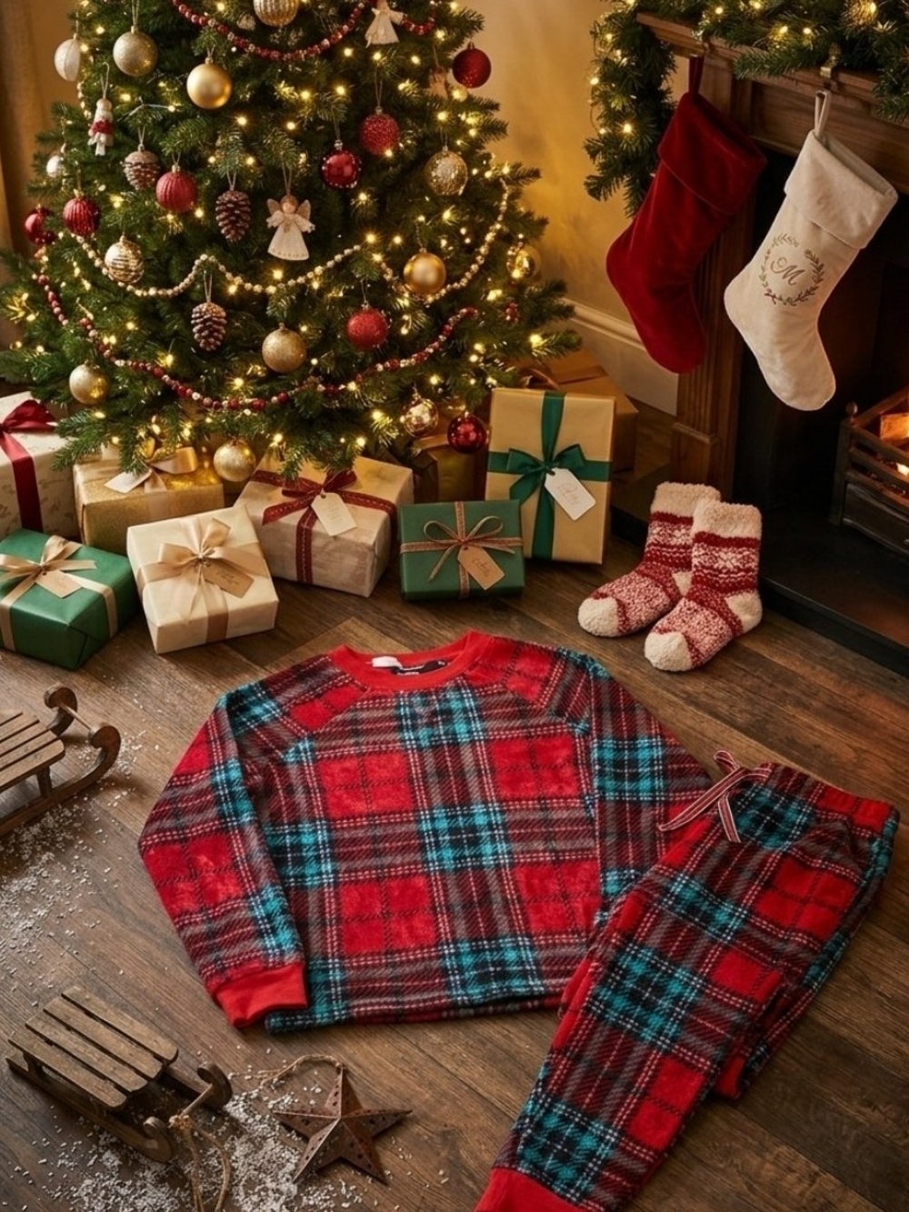Cozy Womens Red Plaid Holiday Pajama Set. Small
